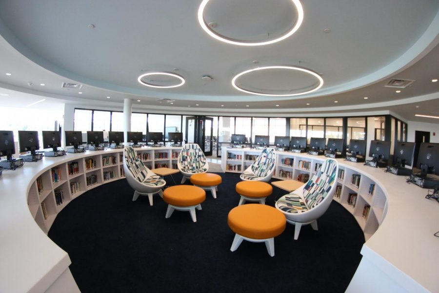 The new library media center has views of the Long Island Sound.