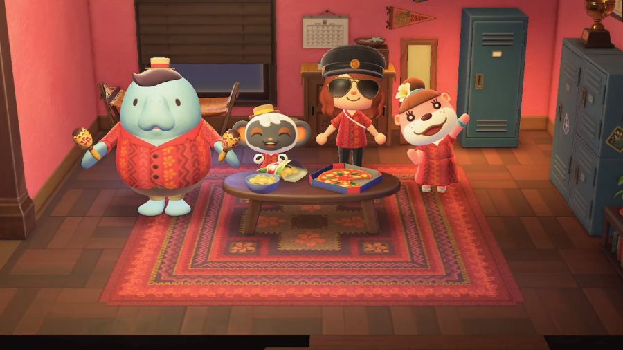 Wardell (far left), Niko (center left), my character (center right), and Lottie (far right) celebrating in Paradise Planning Headquarters
