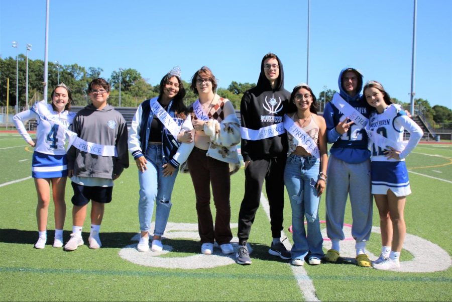 The homecoming court was announced at the pep rally. Pictured above from left to right are freshman Lady Lisa Hennessey and freshman Lord Dylan Ginsberg; senior Queen Dulcemaria Castillo and senior King Daniel Patricelli; junior Prince Myles Cortes and junior Princess Nayeli Avila-Suchite; and sophomore Duke Nick Conlan and sophomore Duchess Zoe Regan (photo credit: Todd Dandelske). 