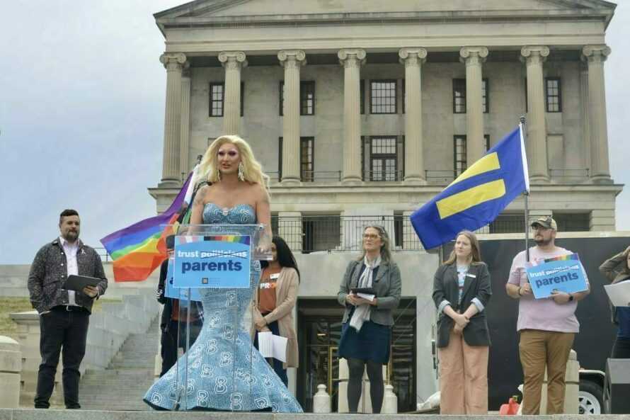 Britney+Banks+speaks+to+protesters+outside+the+Tennessee+state+Capitol+on+Feb.+14%2C+2023%2C+as+the+legislature+hears+testimony+on+two+bills+that+would+restrict+the+rights+of+LGBTQ+people+in+the+state.